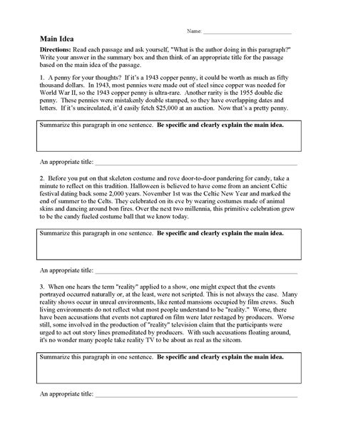 Summary And Main Idea Worksheet 1