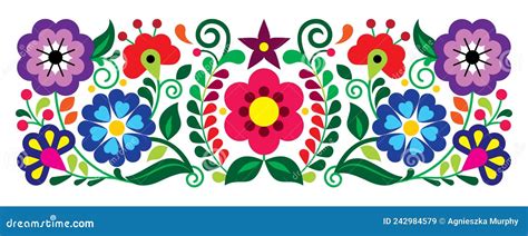 Mexican Embroidery Style Vector Floral Pattern Colorful Ornament Inspired By Folk Art From