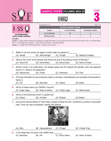 Class 3 Isso Official Sample Model Question Paper Olympiad Tester