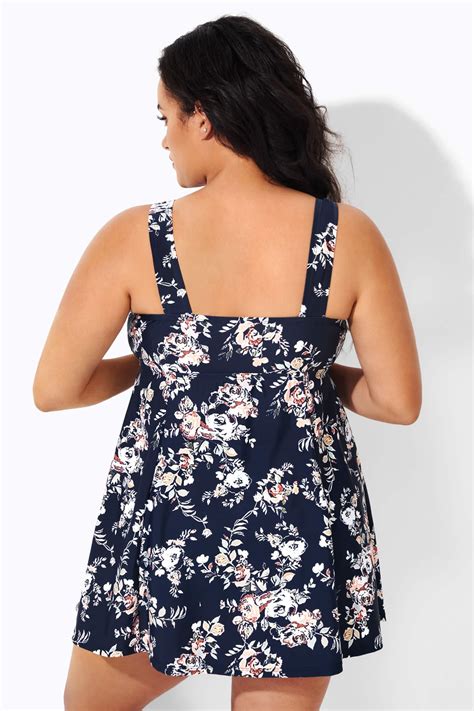 Dusty Blue Floral Print V Neck Swimdress Meet Curve Meet Curve