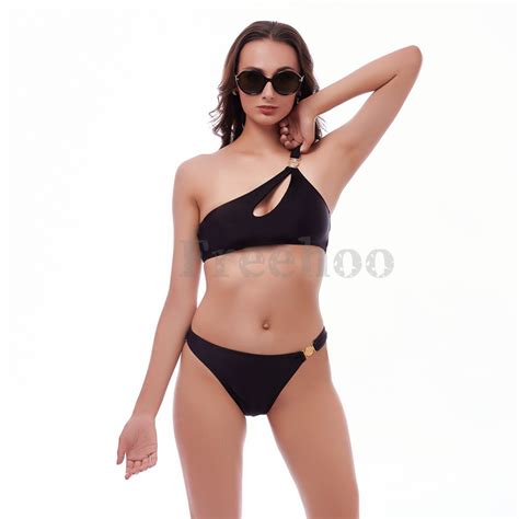 Women′s Sexy Black One Shoulder Cutout Bikini Suit Swimwear Sexy