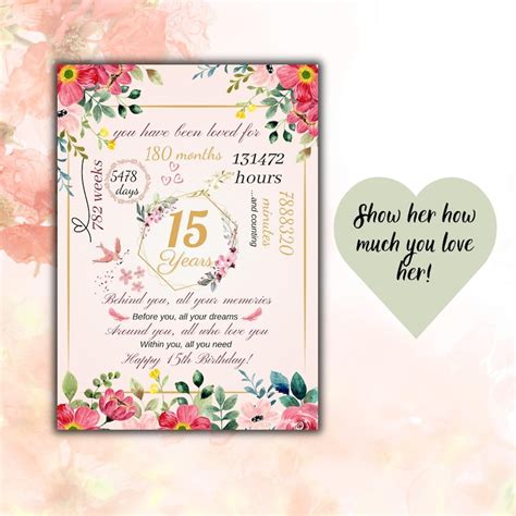 15th Birthday Card Printable 15 Year Old Girl Pink Birthday Card For