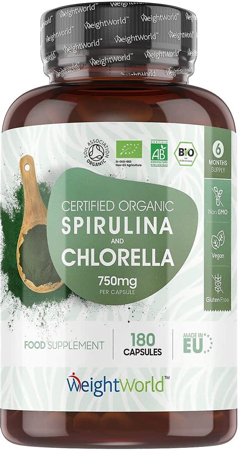 Organic Spirulina and Chlorella Capsules 750mg (1 Capsule A Day) - 180 ...