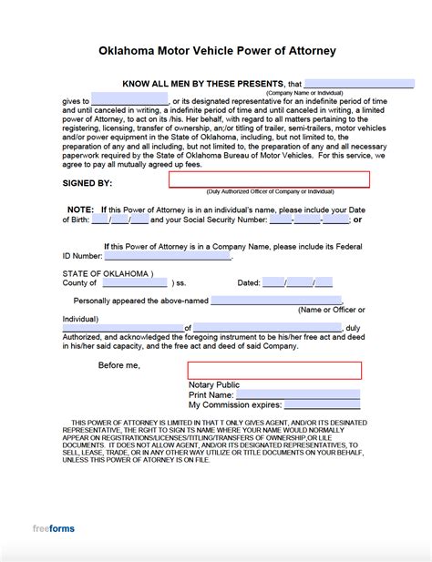 Free Oklahoma Motor Vehicle Power Of Attorney Form PDF