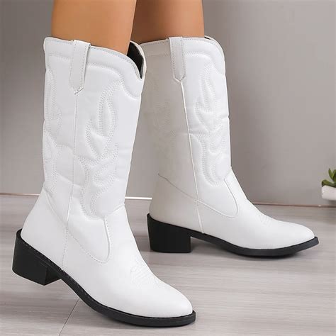 Mid Calf Western Cowboy Laarzen Vrouwen Geborduurde Dikke Hakken