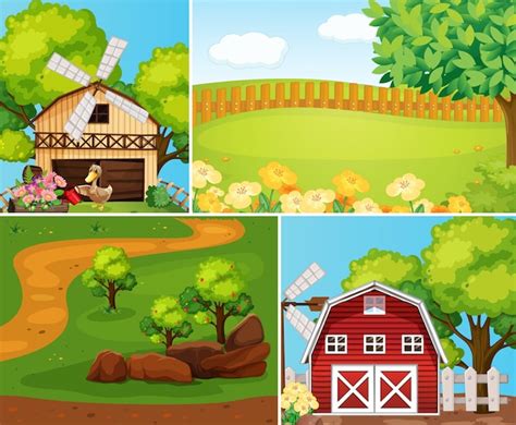 Free Vector | Set of farm scene cartoon style