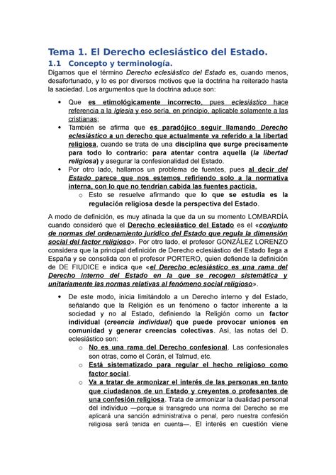 Tema 1 El Derecho Eclesiástico del Estado Tema 1 El Derecho