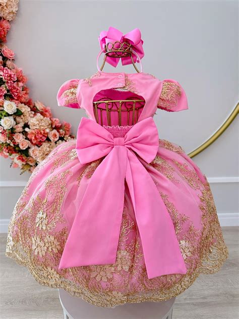 Vestido Infantil Rosa Renda Realeza Cinto De P Rolas Damas Rosa