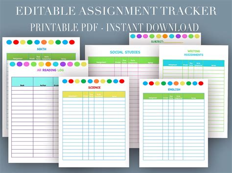 Editable Printable Assignment Tracker Assignment Planner Homework