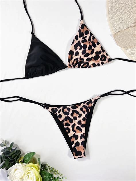 Bañador bikini triángulo halter de leopardo Negro