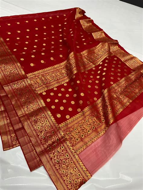 Buy Red Oxide Color Organza Chanderi Katan Silk Saree Zr Online In