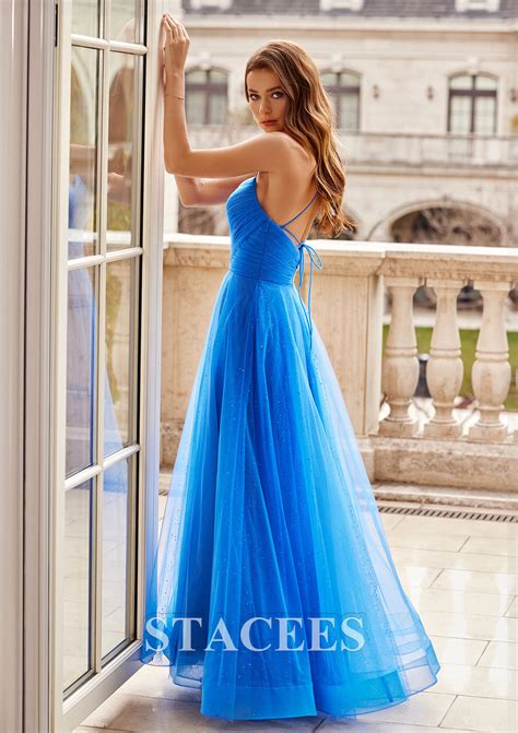 A Line Princess V Neck Sleeveless Floor Length Tulle Prom Dress With