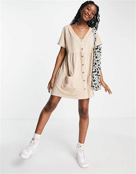 Asos Design Button Through Mini Smock Dress With Pockets In Camel Asos