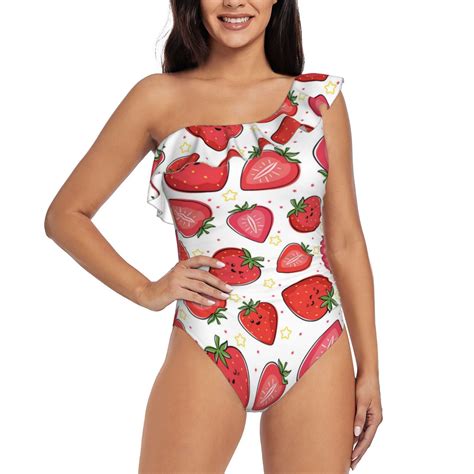 Honeii Hand Drawn Strawberry for women's one-piece swimsuit featuring a
