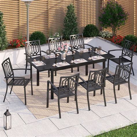 Phi Villa Black 9 Piece Metal Outdoor Patio Dining Set With Geometric