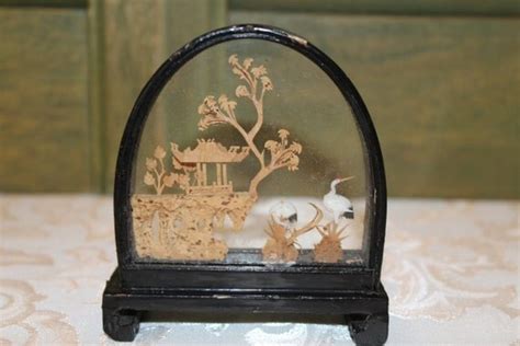 Vintage Chinese Cork Landscape Carving With Cranes and Pagoda