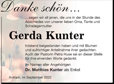 Traueranzeigen Von Gerda Kunter Trauer Nordkurier