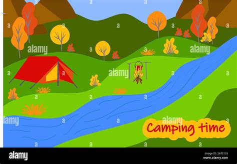 Summer Camp Wildlife Landscape With Tents Camping And Tourism Vector