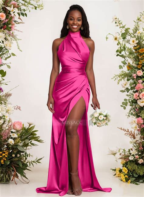 Sheath/Column Halter Charmeuse Bridesmaid Dresses With High Split - Missacc