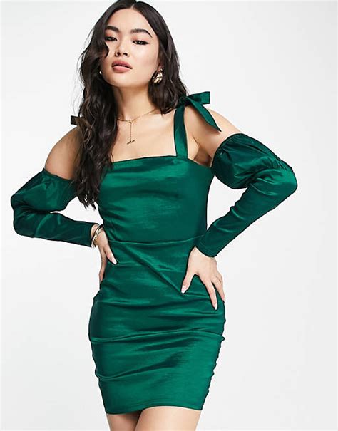 Naanaa Bardot Puff Sleeve Satin Bodycon Dress In Green Asos