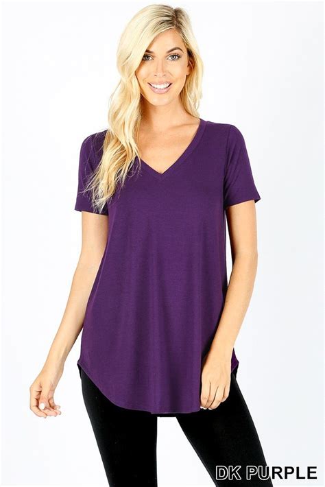 Short Sleeve V Neck Round Hem Tunic Top Dark Purple Color Shirt