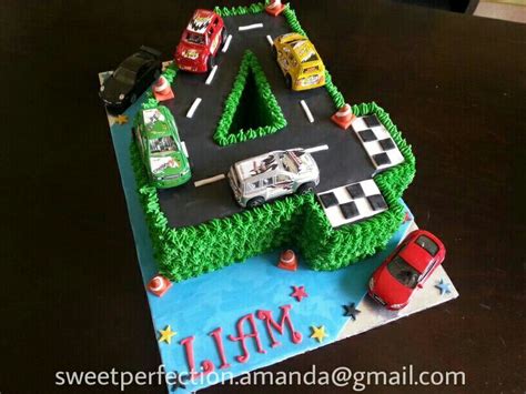 Number 4 Shaped Cake Racing Track Cars Theme Buttercream Piped Grass