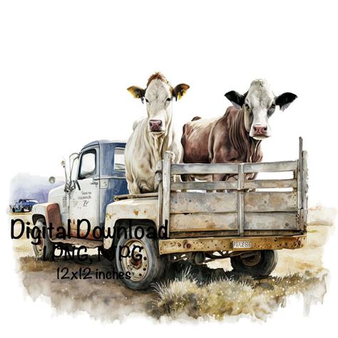 Cows In The Back Of A Farm Truck Watercolor Cow Old Truck Clipart Wall