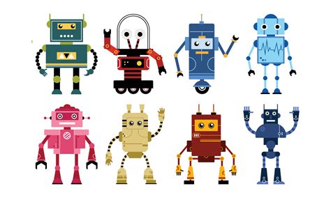 set of vector illustrations of colorful robots. drawing robots on white ...