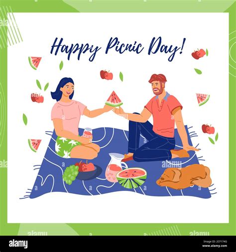 Card for Picnic Day with romantic couple eating out at nature, flat ...