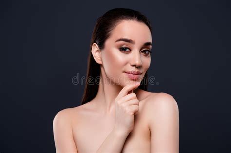 Photo Of Gorgeous Lady Naked Shoulders Professional Visage Isolated On Dark Grey Color
