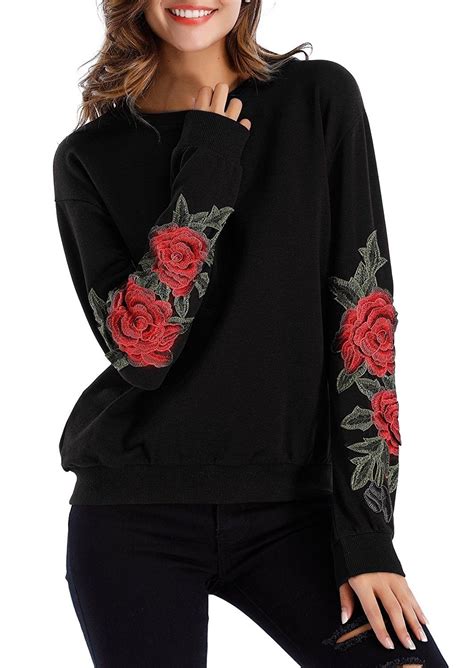 Womens Crew Neck Long Sleeve Top Floral Embroidered Pullover