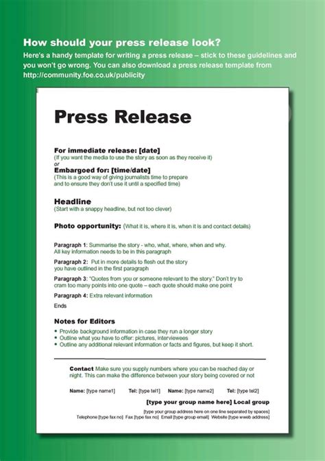 A Green And White Brochure With The Words Press Release Written In