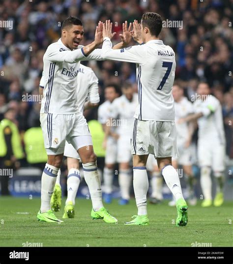 Real Madrids Portuguese Forward Cristiano Ronaldo R And Casimiro