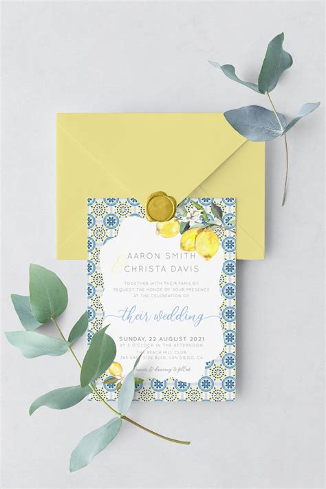 Lemon And Blue Tiles Wedding Invitation Suite Mediterranean Etsy