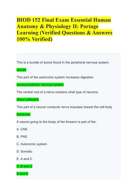 Biod Final Exam Essential Human Anatomy Physiology Ii Portage