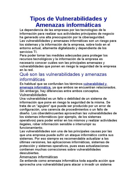 Tipos De Vulnerabilidades Y Amenazas Informáticas Pdf Seguridad