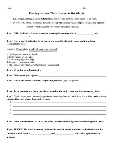 Thesis Statement Practice Worksheet Creating Excellent Thesis