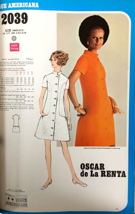 Oscar De La Renta Sewing Pattern For Vogue Patterns C 1960s Sewing Pattern Design Vogue