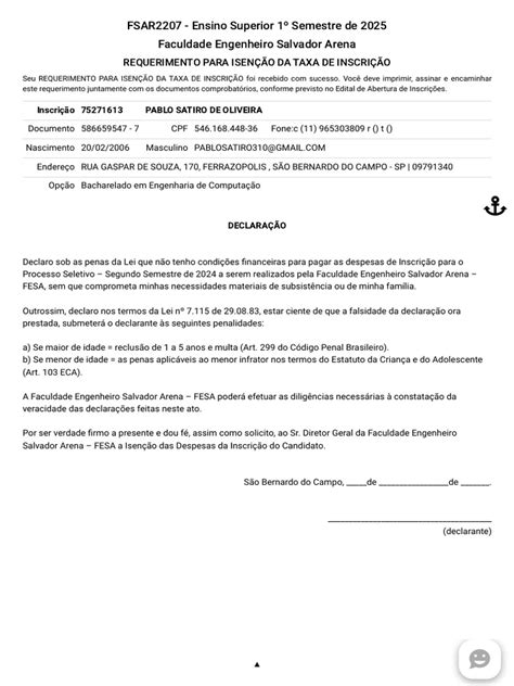 Isenção Da Taxa De Inscrição - Requerimento para Isenção Da Taxa de Inscrição | PDF