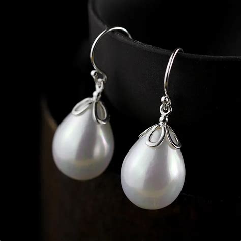 100% 925 Sterling Silver Thai Silver Shell Pearl Drop Earrings,Fine ...