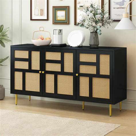 Harper Bright Designs Black Wood 57 In Sideboard With Rattan Design