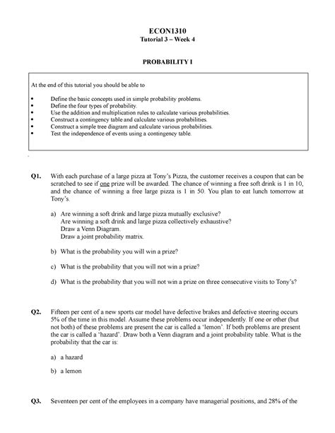 Econ Tutorial Questions Econ Tutorial Week Probability I