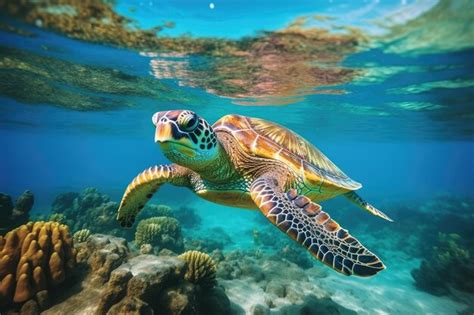 Premium Ai Image Hawaiian Green Sea Turtle Swimming On Coral Reef At