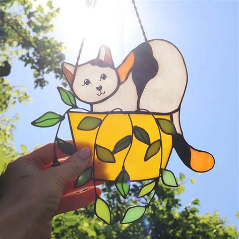 Chziua Hangs Cat In A Flowerpot Suncatcher Stained Glass Window Hangins