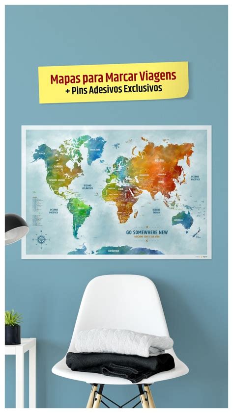 Pôster Mapa Múndi Aquarela 220 Pins Adesivos p Marcar Viagens