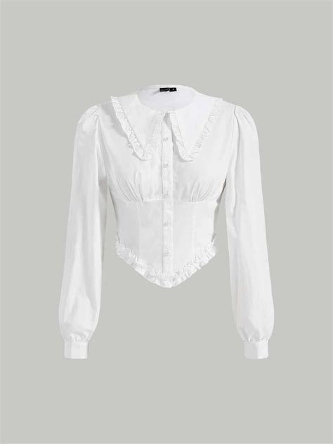 Frill Trim Button Front Asymmetrical Hem Shirt Women White Blouse