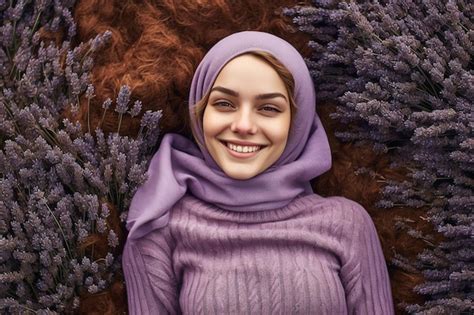 Premium Ai Image A Woman In A Purple Headscarf Lays On A Rock With