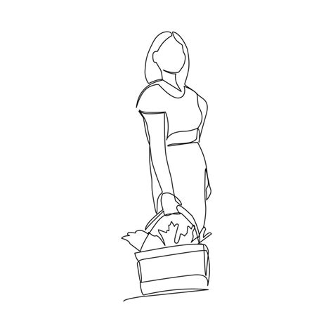 Vector Illustration Of A Woman With A Basket Drawn In Line Art Style