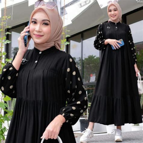 Jual Dasima Gamis Polos Kombinasi Polkadot Midi Dress Muslim Terbaru