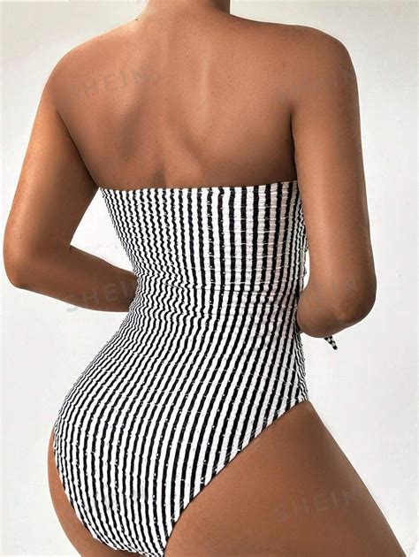 Shein Swim Chicsea Striped Knot Front Bandeau One Piece Swimsuit Shein Uk